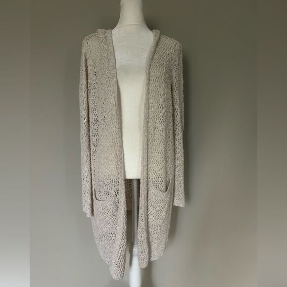 Cynthia Rowley Women’s Cream Knit Open Front Hooded Cardigan Sweater Medium - Picture 1 of 12
